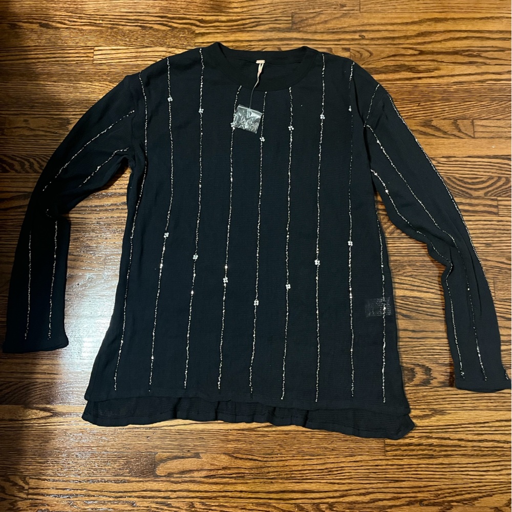 Free People Black Long Sleeve Embellished Tee